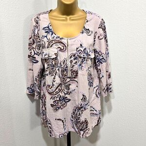 Dana Buchman Linen Blend Paisley Beige Tunic Womens Lge Office Career Goblincore
